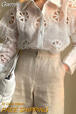 Gwmlk Lace White Blouse Women Hollow Out Flower Embroidery Shirt Sexy See Through Turn Down Collar Long Sleeve Top Blusa 13369