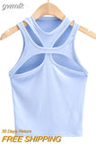 gwmlk New Asymmetrical Hollow Solid Color Knitted Round Neck Short-sleeved Summer Sexy Vest on The Chest