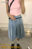 Gwmlk Pleated Skirt Women Girls Blue Jeans Midi Knee-length Denim Skirt A-line Long Skirt Y2k Korean Vintage Skirt