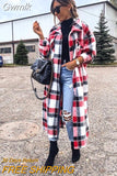 Gwmlk Harajuku Plaid Long Coat Women 2023 Autumn Winter Lapel Retro Red Gray Jacket Female Loose Long Sleeve Warm Quilted Coat