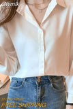 Gwmlk Women's Silk Shirts V-neck Solid Laides Tops Womens 2023 Spring Fashion Satin Long Sleeve Blouses Button Up White OL Vintage Top