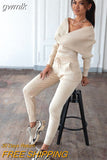 gwmlk New Sexy Off Shoulder Knitted Two Piece Set Women Long Sleeve Sport Tracksuit 2 Piece Sweater Pants Suits Matching Sets