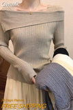 Gwmlk Fashion Slash Neck Knitted Sweaters Woman Elegant Slim Fit Long Sleeve Knitwear Women Autumn Winter Korean Short Jumper