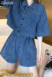 Gwmlk Women Denim Sets Summer 2023 New 2 Piece Set Solid Short Sleeve Coat + Shorts Jeans Sets Office Lady Elegant Female Denim Suits