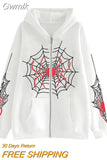 Gwmlk Women's Halloween Casual Hooded Coat Long Sleeve Spider Web Print Zip Up Hoodie with Pockets