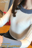 Gwmlk Fashion Striped Long Sleeve Knitted Sweater Women Ribbed Elastic O-neck Pullover Sweaters Autumn Winter Slim Knit Tops