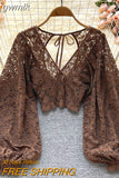 gwmlk Black/White/Brown Sexy Lace Blouse Women Elegant V-Neck Puff Long Sleeve Open Back Short Tops Female Party Blusas 2023