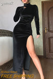 gwmlk Autumn Winter Women Solid Velvet Long Sleeve Ruched Midi Dress Side Slit Bodycon Sexy Streetwear Party Elegant Club