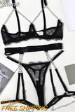 Gwmlk Sensual Lingerie Cut Out Bra Exotic Sets Sexy Garter Outfit With Chain Intimate g-Strings Thongs Fetish 3-Piece