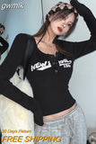 gwmlk Graffiti Print Elastic T Shirt Women Sexy Slim Crop Top Ribbed Long Sleeve O-neck Tops Grunge Tee Tops Korean