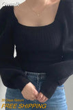 Gwmlk Sexy Low-Cut Square Collar Sweater Woman Vintage Puff Sleeve Slim Fit Knitted Jumper Autumn Winter Elastic Knitwear