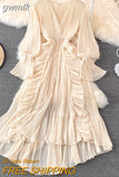 gwmlk Autumn New Holiday Style Ankle Length Long Dresses Women Sexy V Neck Puff Sleeve Lace Elegant Evening Party Summer Dress