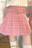 Gwmlk Korean Fashion with Belt Pleated Skirts Women All-Match Pink High Waist Mini Skirts 2023 New Street Plaid Skirts Woman