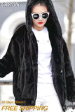 Gwmlk Black Gray Faux Rabbit Fur Coat Women Korean Casual Loose Hoodies Jacket Female 2023 Winter Thick Warm Furry Overcoat