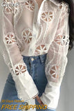 Gwmlk Lace White Blouse Women Hollow Out Flower Embroidery Shirt Sexy See Through Turn Down Collar Long Sleeve Top Blusa 13369