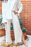 gwmlk Women Pleated 2 Piece Sets Long Sleeve Blouse Tops And Split Wide Leg Pant Suit Female Fashion Casual Loose Homewear Outfit