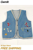 Gwmlk Vests Women Embroidery Single Breasted Vintage Denim Waistcoats Japanese Style All-match Prairie Chic Streetwear Retro