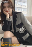 Gwmlk Fashion Plaid Contrast Blazer Coat Women Korean Loose Single-Breasted Suit Jacket Stitching Pocket Notched Collar Outerwear