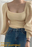 Gwmlk Sexy Low-Cut Square Collar Sweater Woman Vintage Puff Sleeve Slim Fit Knitted Jumper Autumn Winter Elastic Knitwear