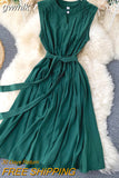 gwmlk Solid Green/Blue/Yellow Casual Dress Elegant Sleeveless Round Neck Sashes Dresses Vintage 2023 New Fashion Vestido Verano