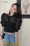 Gwmlk Blouse Women Korean Hollow Out Lace White Women Shirt 2023 New Short Sleeve Button Loose Shirts Solid Female Tops 13607