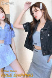 Gwmlk Cropped Denim Jacket Women 2023 Summer Korean Short Sleeve Outerwear Female Fashion Buttons Turndown Collar Jean Coat