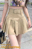 Gwmlk Korean High Waist Pleated Skirts Women Summer Khaki Black with Belt A-Line Skirt Woman All-Match Streetwear Mini Skirt