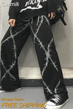 Gwmlk Retro Pants Women Thorns Printed Elastic Waist Loose Wide Leg Pants Fashion Streetwear Grunge Dark Casual Pants Unisex