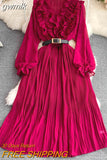 gwmlk Vintage Women Pleated Long Dress Red/Purple/Yellow V-Neck Ruffle Puff Sleeve Draped A-Line Vestidos Female New Fashion