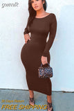 gwmlk Spring Sexy Backless Midi Dresses Bodycon Elegant Evening Club Party Birthday Brown Long Sleeve Dress Women