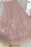 gwmlk Summer Skirts Women Korea Long Tulle Skirt Sequined Pleated A Line Midi Skirt Chic High Waist Skirt Female