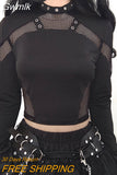 Gwmlk Gothic Mesh Patchwork T-Shirts Women Long Sleeve Eyelet Sexy Hollow Out Crop Tops Streetwear Harajuku Punk Slim Tees