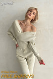 gwmlk New Sexy Off Shoulder Knitted Two Piece Set Women Long Sleeve Sport Tracksuit 2 Piece Sweater Pants Suits Matching Sets