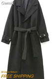 Gwmlk Women Elegant Long Wool Coat With Belt Solid Color Long Sleeve Chic Outerwear Ladies Overcoat