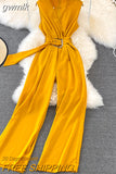 gwmlk Vintage V-Neck Sleeveless High Waist Jumpsuits Women Elegant Loose Wide Leg Romper With Sashes Female Playsuits New 2023