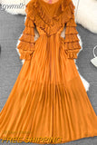 gwmlk Vintage Women Pleated Party Long Dress Elegant Round Neck Lantern Sleeve High Waist Ruffle Draped Maxi Vestidos Female