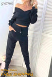 gwmlk New Sexy Off Shoulder Knitted Two Piece Set Women Long Sleeve Sport Tracksuit 2 Piece Sweater Pants Suits Matching Sets