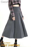 Gwmlk College Style Women Pleated Skirt 2023 Spring Summer High Waist Long Skirts Woman Korean Style Gray A-Line Midi Skirt