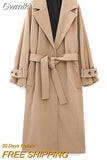 Gwmlk Women Elegant Long Wool Coat With Belt Solid Color Long Sleeve Chic Outerwear Ladies Overcoat