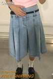 Gwmlk Pleated Skirt Women Girls Blue Jeans Midi Knee-length Denim Skirt A-line Long Skirt Y2k Korean Vintage Skirt