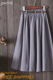 gwmlk Knee Length Summer Skirt Women With Belt 2023 Fashion Korean Ladies High Waist Pleated A-line School Skirt Female