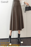 Gwmlk Autumn Winter Women's Skirts Pu Leather Half-length Skirthigh-waist Mid-length A-line Skirt Elegant Splicing Women Clothing