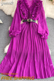 gwmlk Vintage Women Pleated Long Dress Red/Purple/Yellow V-Neck Ruffle Puff Sleeve Draped A-Line Vestidos Female New Fashion