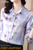 Gwmlk Women's Shirt Long Sleeve Blouse Fashion 2023 Spring New Womens Tops Basic Floral Shirts for Women OL Satin Female Clothing